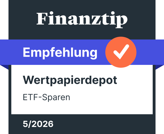 Das Bild zeigt eine Auszeichnung von Finanztip mit dem Titel "Empfehlung". Darunter steht "Wertpapierdepot" und "ETF-Sparen", gefolgt von der Angabe "5/2026".