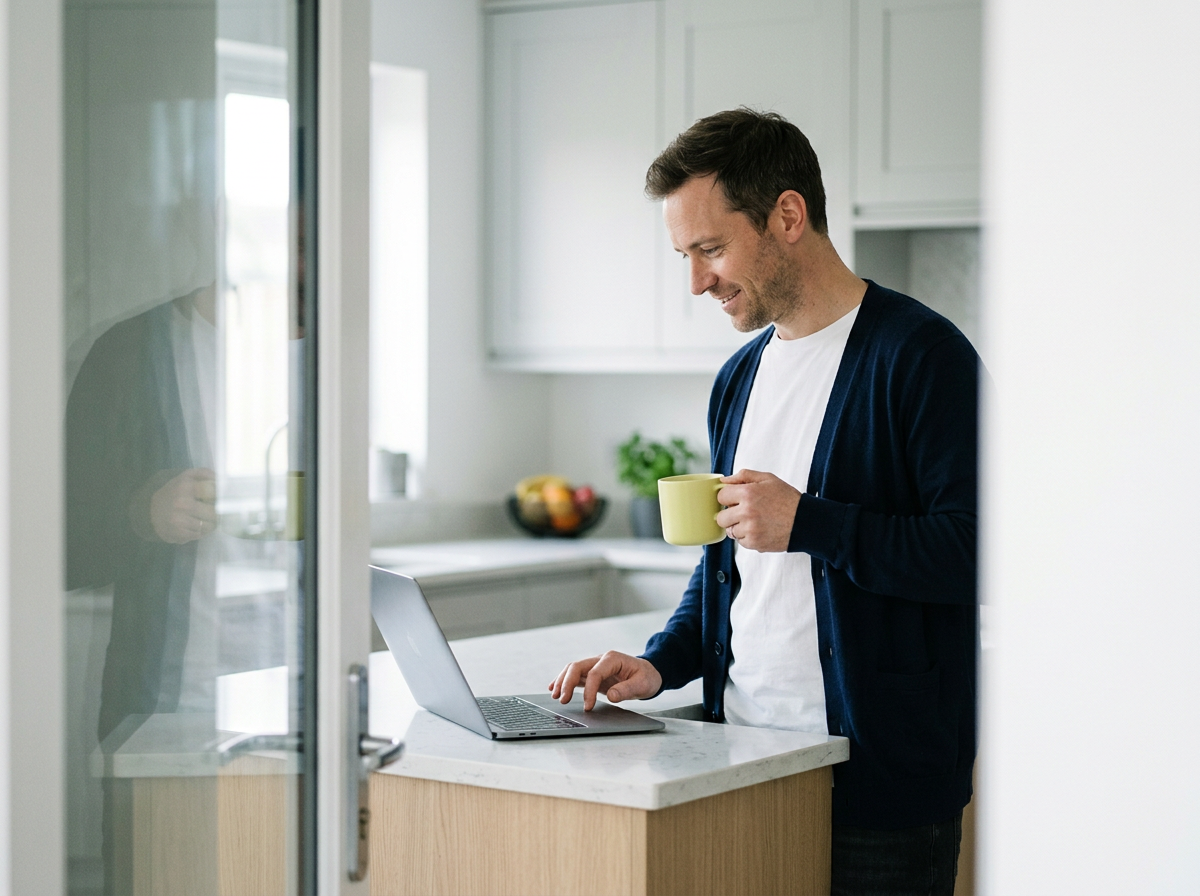 Ein Mann steht in einer modernen Küche an einem Küchentresen und schaut auf seinen Laptop. In der einen Hand hält er eine Tasse, während er lächelt und auf den Bildschirm blickt.