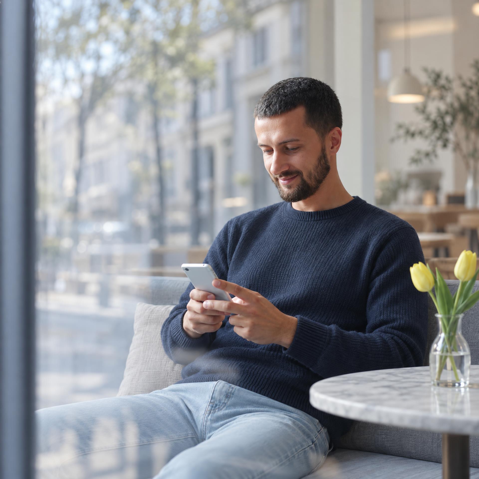 Ein Mann sitzt in einem modernen Café auf einer grauen Couch und schaut auf sein Smartphone. Auf dem Tisch vor ihm steht eine Vase mit gelben Tulpen.