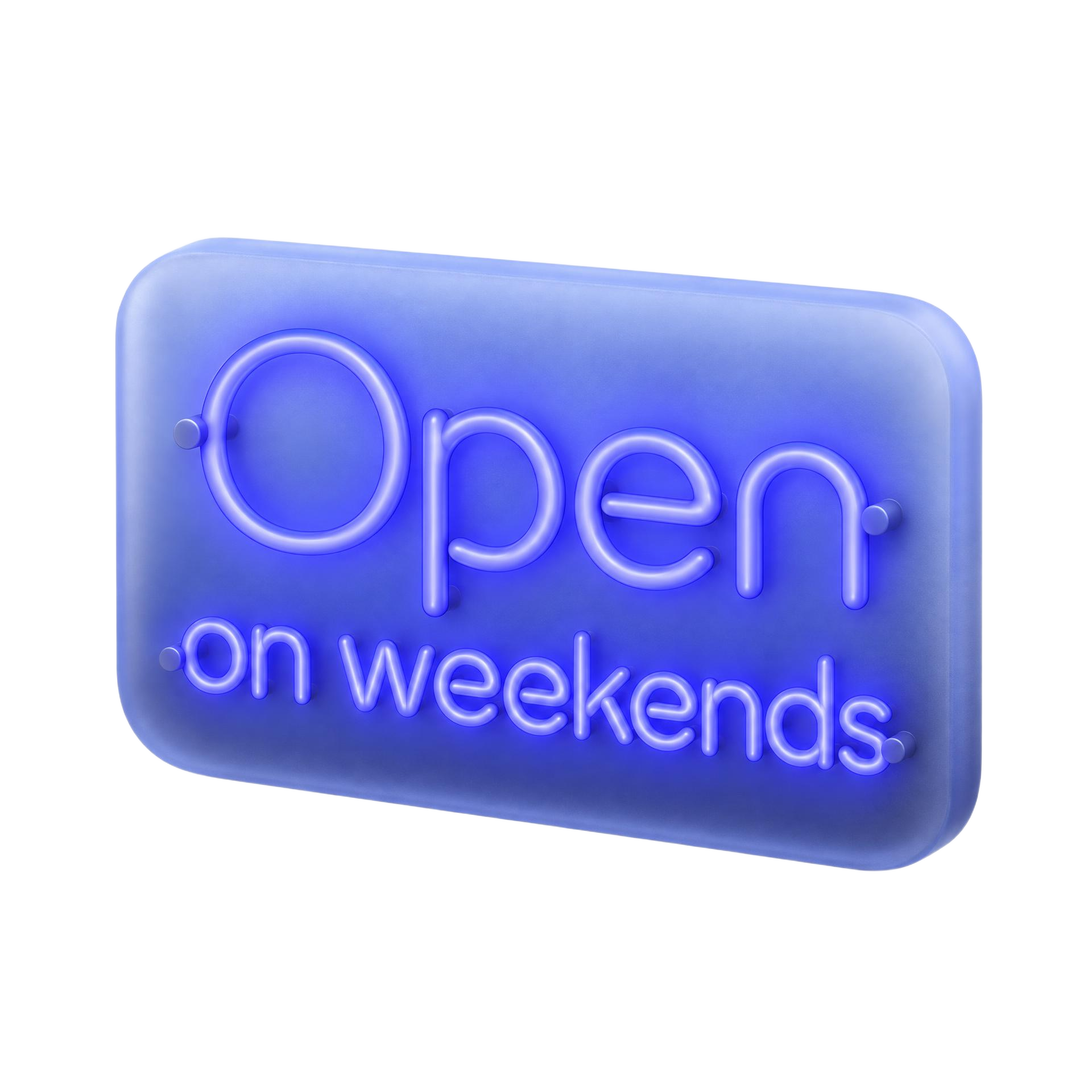 Ein leuchtendes, bläuliches Schild mit der Aufschrift „Open on weekends“. Der Hintergrund ist abgerundet und das Design wirkt modern und einladend.