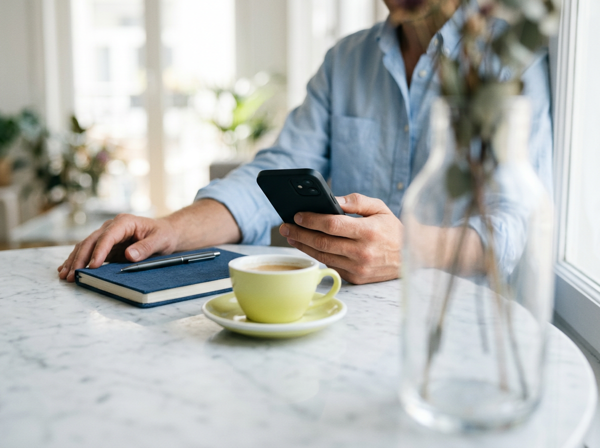 Ein Mann hält ein Smartphone in einer Hand, während er an einem Tisch sitzt. Vor ihm stehen eine Tasse Kaffee und ein Notizbuch mit einem Stift auf dem Tisch.