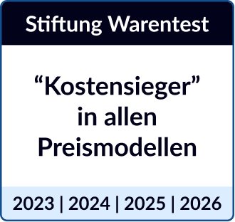 Das Bild zeigt ein Logo der Stiftung Warentest, das den Titel „Kostensieger“ in allen Preismodellen für die Jahre 2023 bis 2026 hervorhebt. Der Hintergrund ist in Blau gehalten, mit weißem Text.