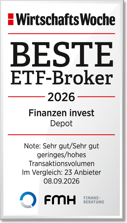 Das Bild zeigt ein Zertifikat von "WirtschaftsWoche", das die Auszeichnung "Beste ETF-Broker 2026" verleiht. Es enthält Informationen über die Bewertung von "Finanzen invest" sowie Vergleichsdaten und das Datum der Veröffentlichung.
