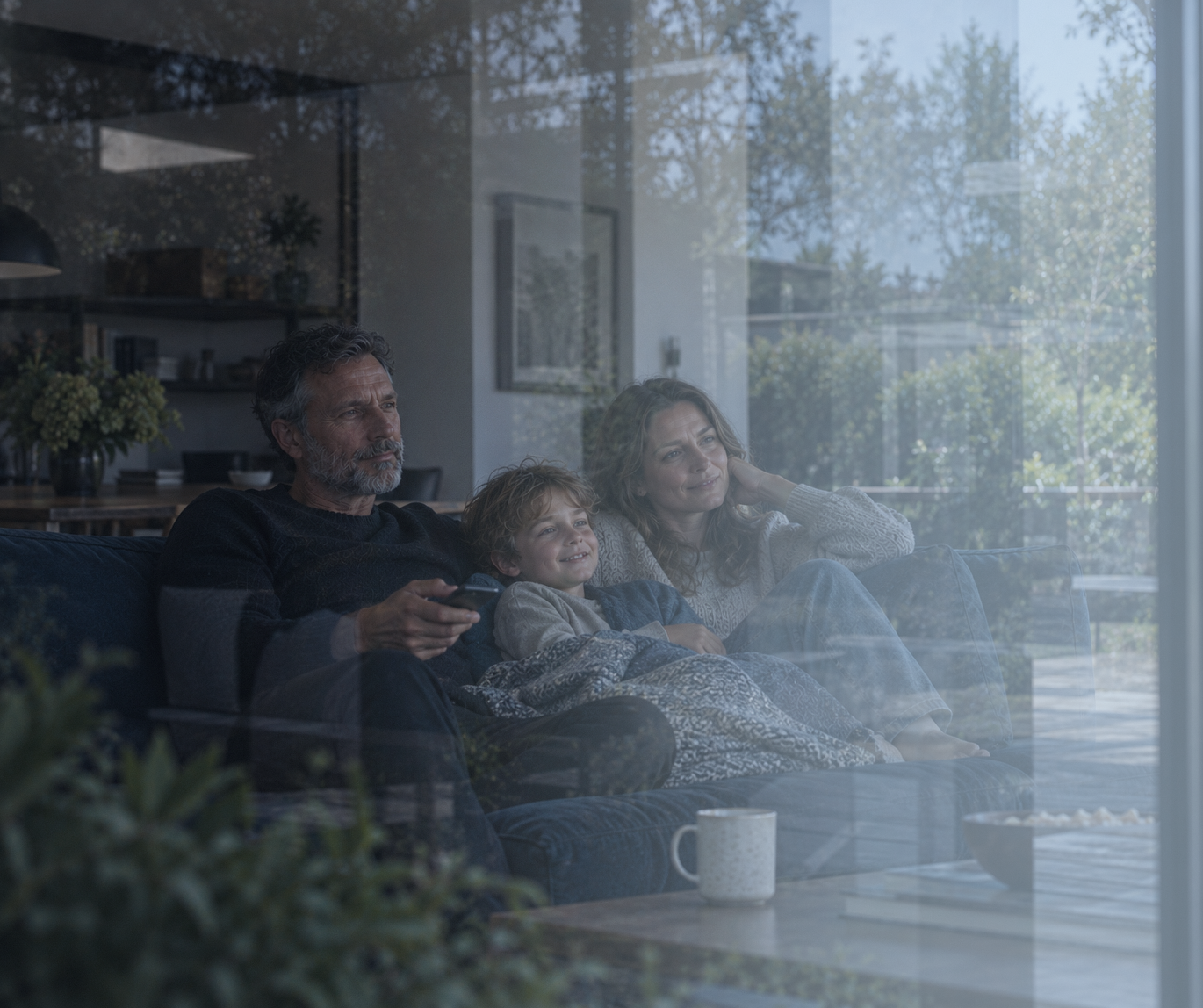 Ein Mann, eine Frau und ein Kind sitzen gemeinsam auf einem Sofa und schauen nachdenklich in eine Richtung. Der Raum ist hell und modern eingerichtet, mit Pflanzen und Licht, das durch große Fenster strömt.