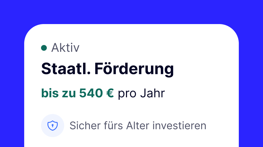 Ein grafisches Element auf einem blauen Hintergrund beschreibt eine staatliche Förderung von bis zu 540 Euro pro Jahr. Es wird darauf hingewiesen, dass es sich um ein aktives Angebot handelt, um sicher fürs Alter zu investieren.